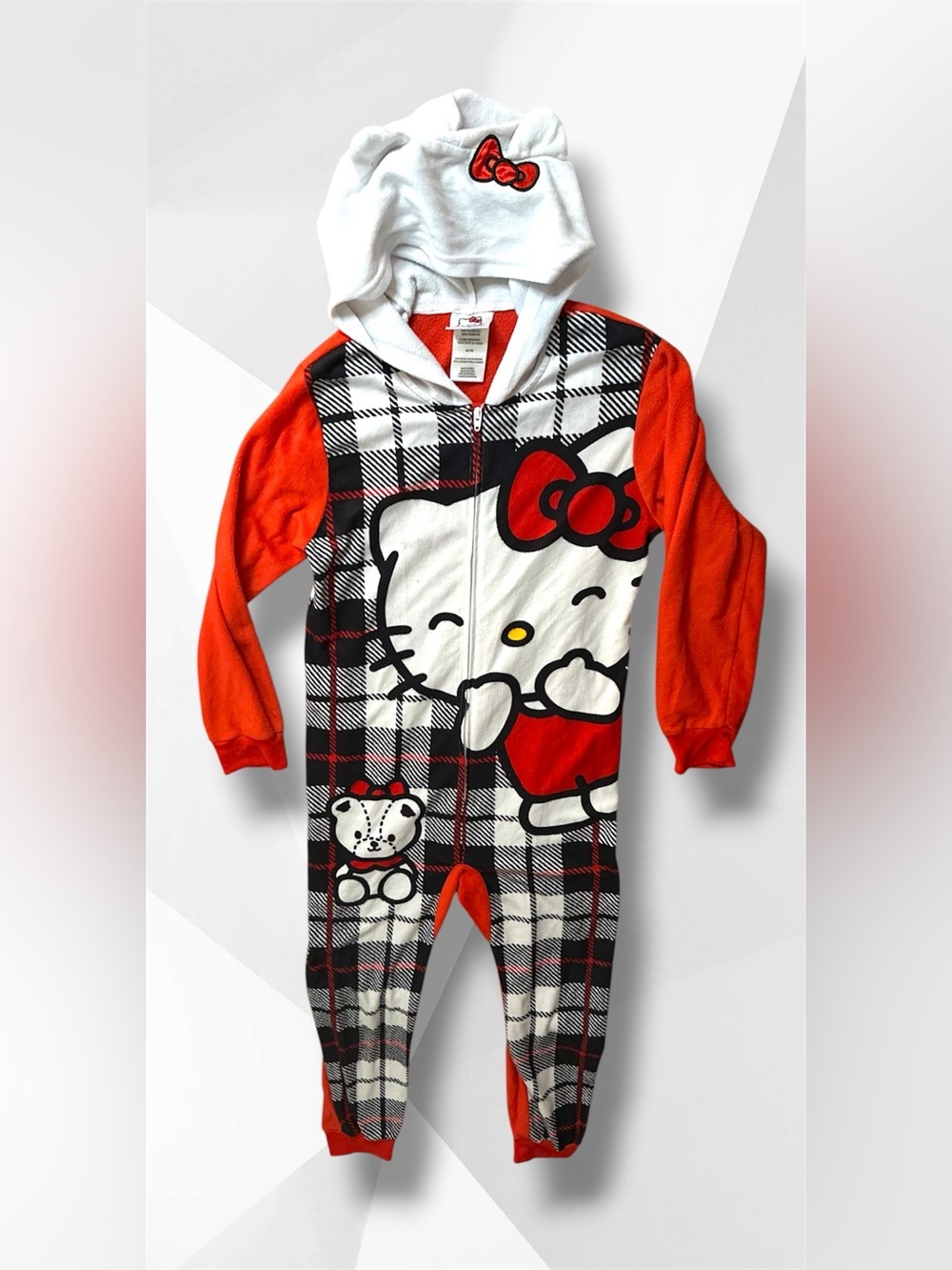 Hello Kitty Girls Plaid Hooded One-Piece Pajama w/ Ears on Hood | Size 7/8Y (M)